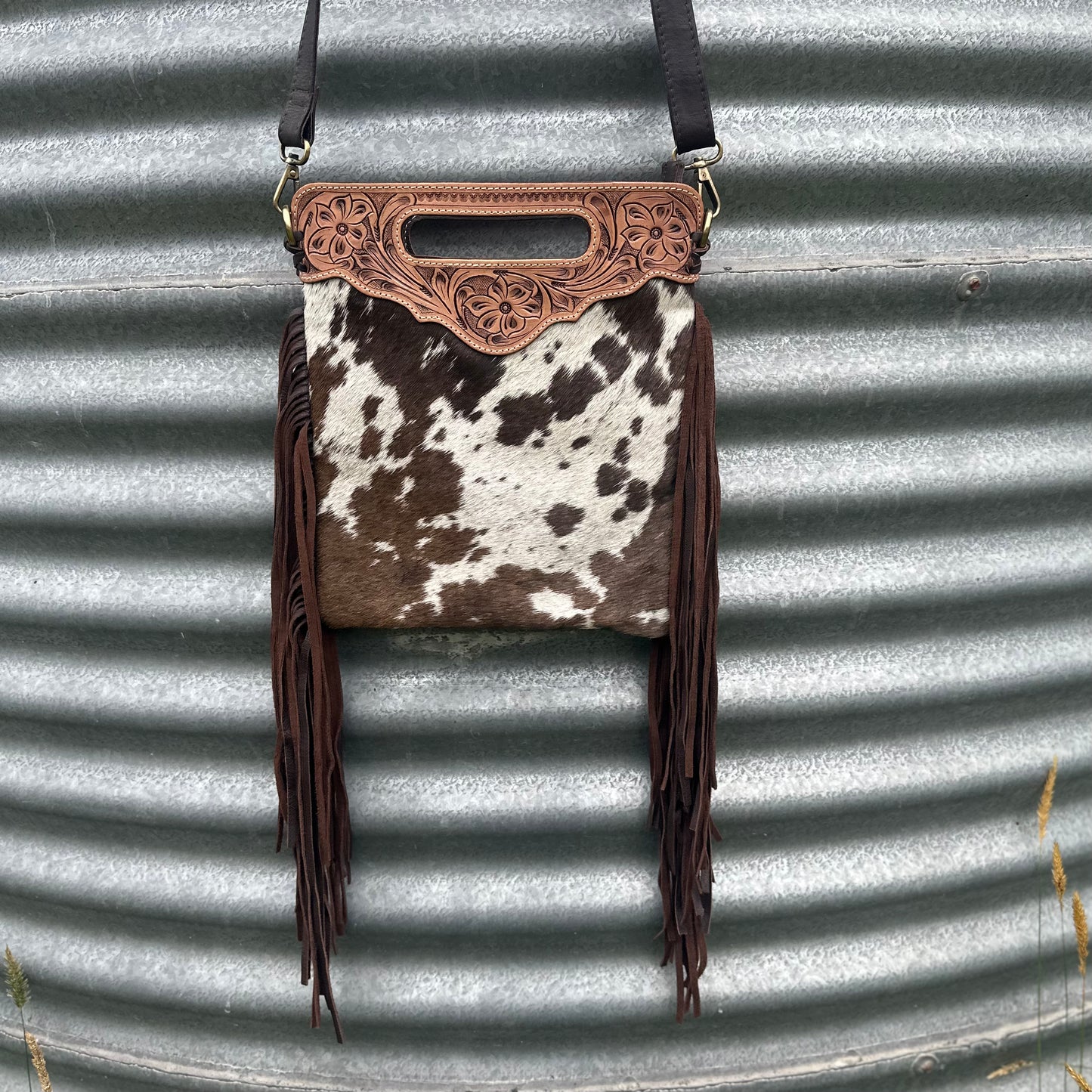 Tahlia - Tooled Leather & Cowhide Sling Bag with Fringe