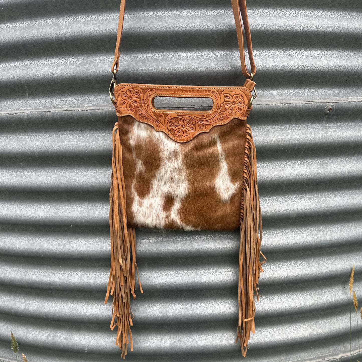 Tahlia - Tooled Leather & Cowhide Sling Bag with Fringe