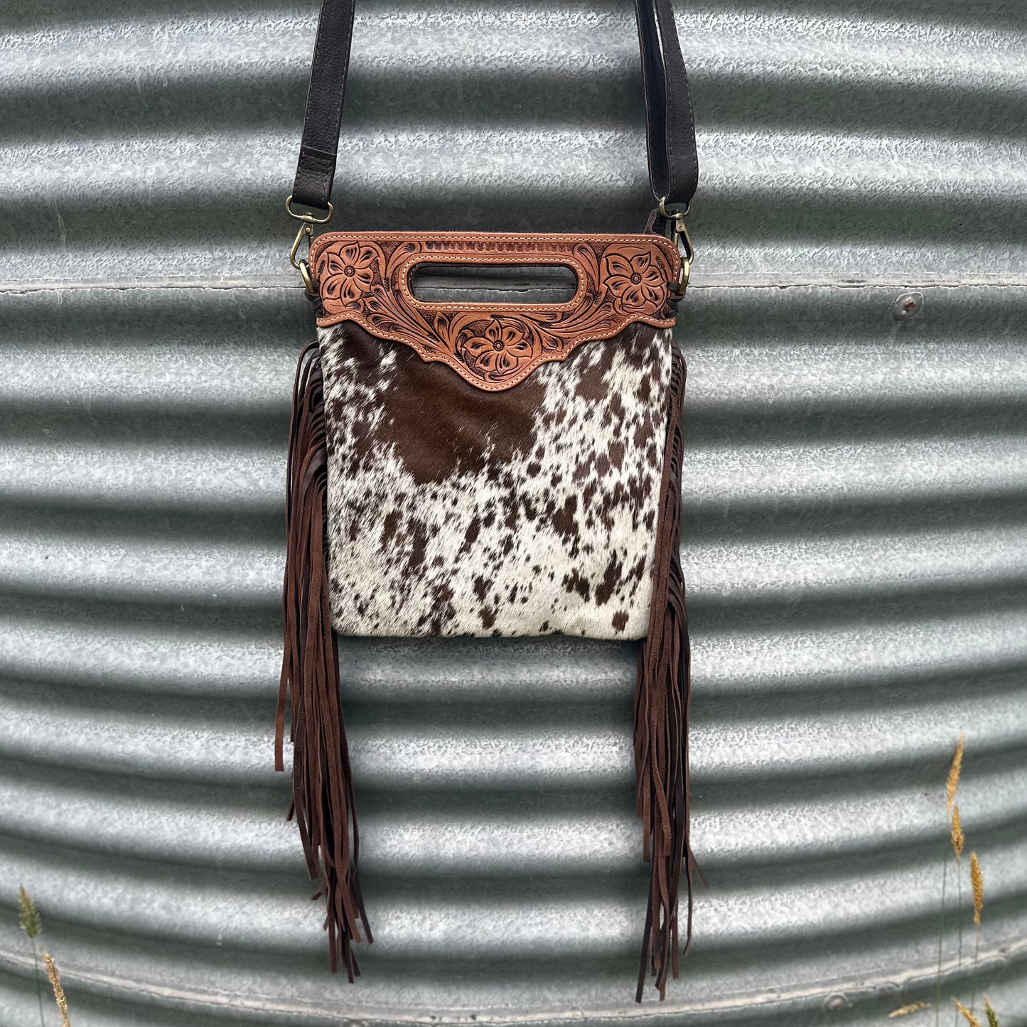Tahlia - Tooled Leather & Cowhide Sling Bag with Fringe