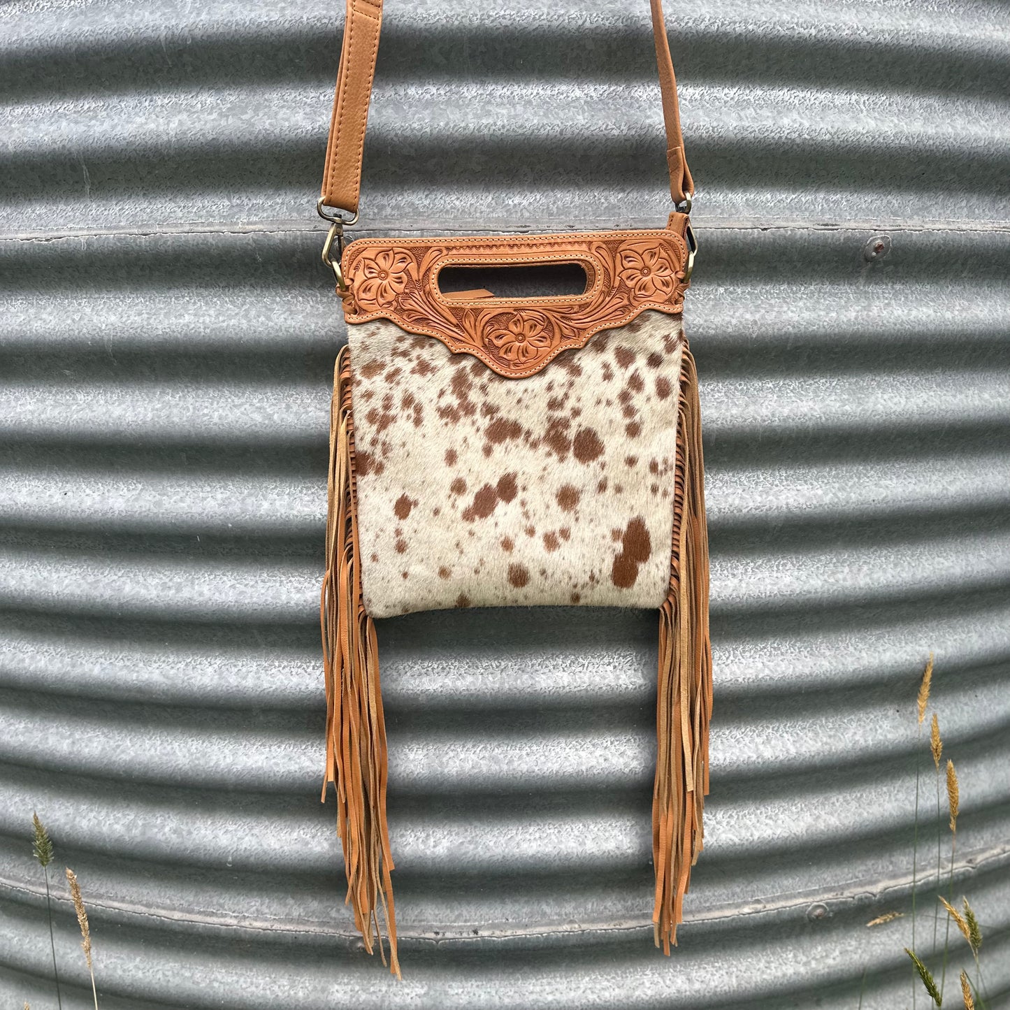 Tahlia - Tooled Leather & Cowhide Sling Bag with Fringe
