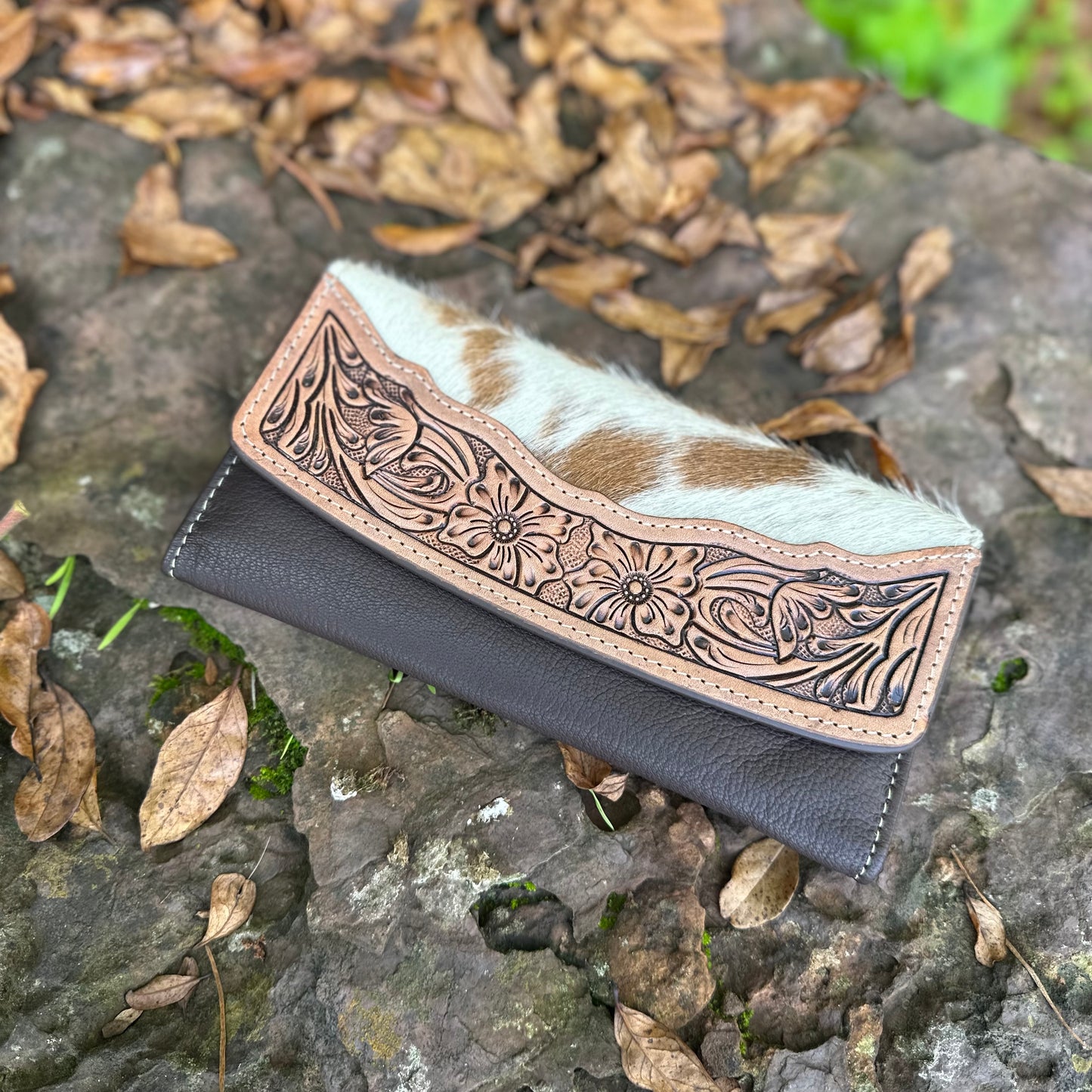 Cowhide Flap Wallet with Hand Tooled Leather
