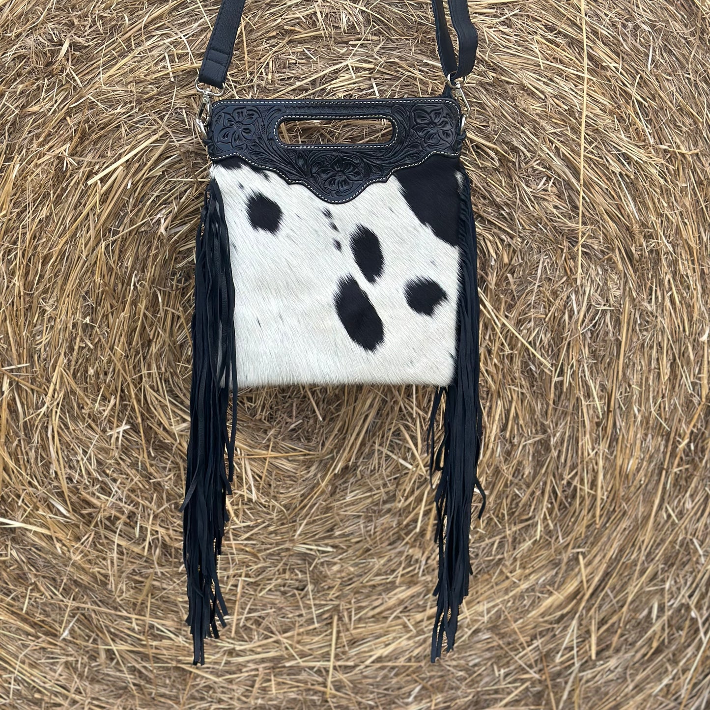Tahlia - Tooled Leather & Cowhide Sling Bag with Fringe