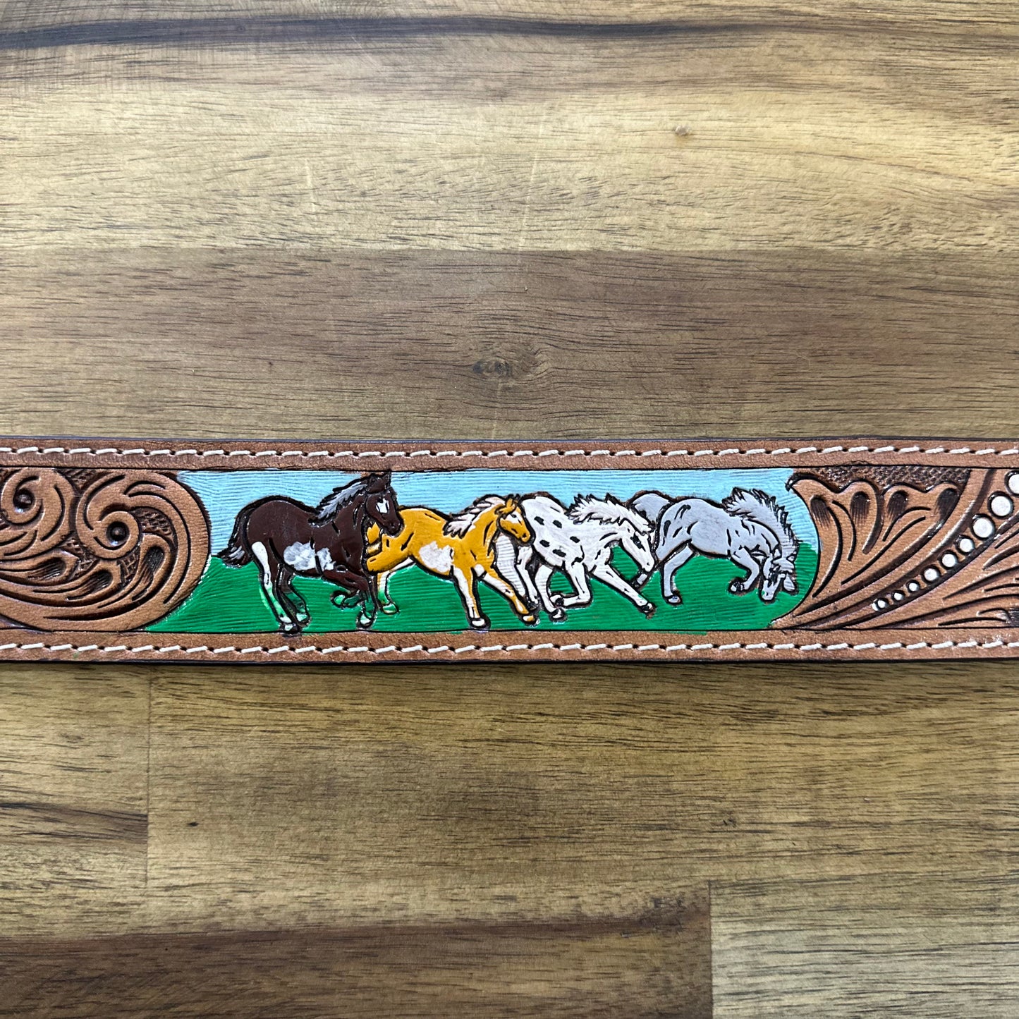 Horses Tooled Belt with Removable Buckle