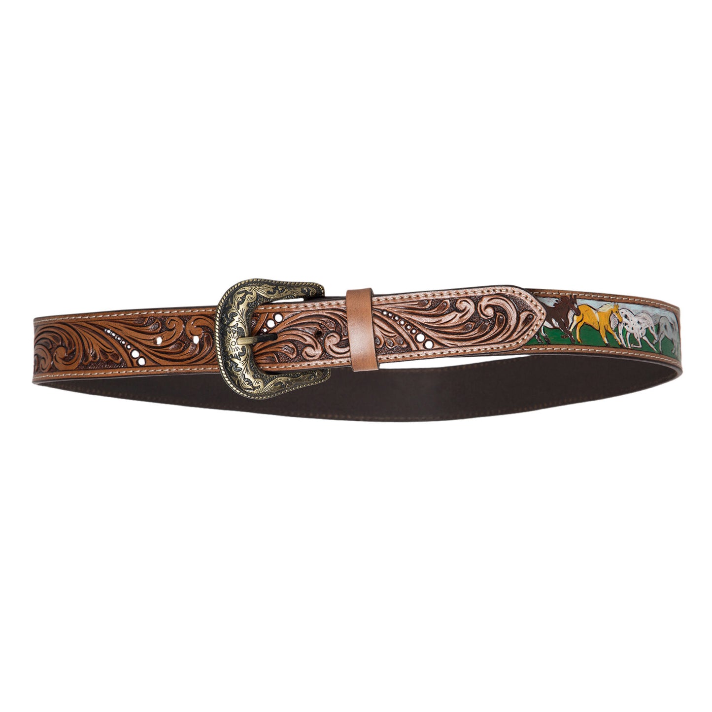 Horses Tooled Belt with Removable Buckle