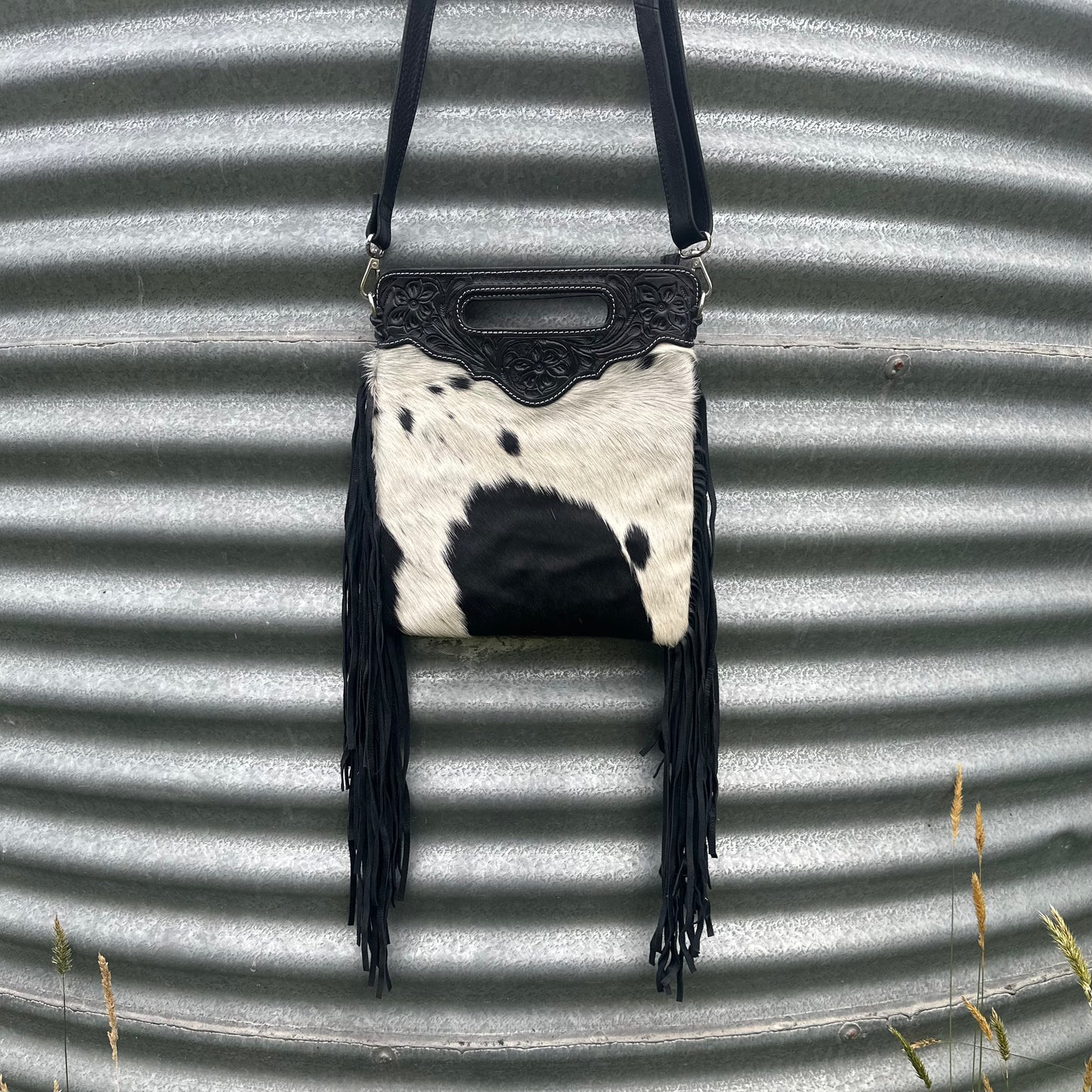 Tahlia - Tooled Leather & Cowhide Sling Bag with Fringe