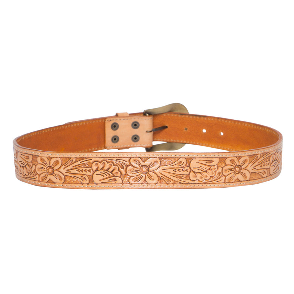 Tooled Leather Belt with Removable Buckle