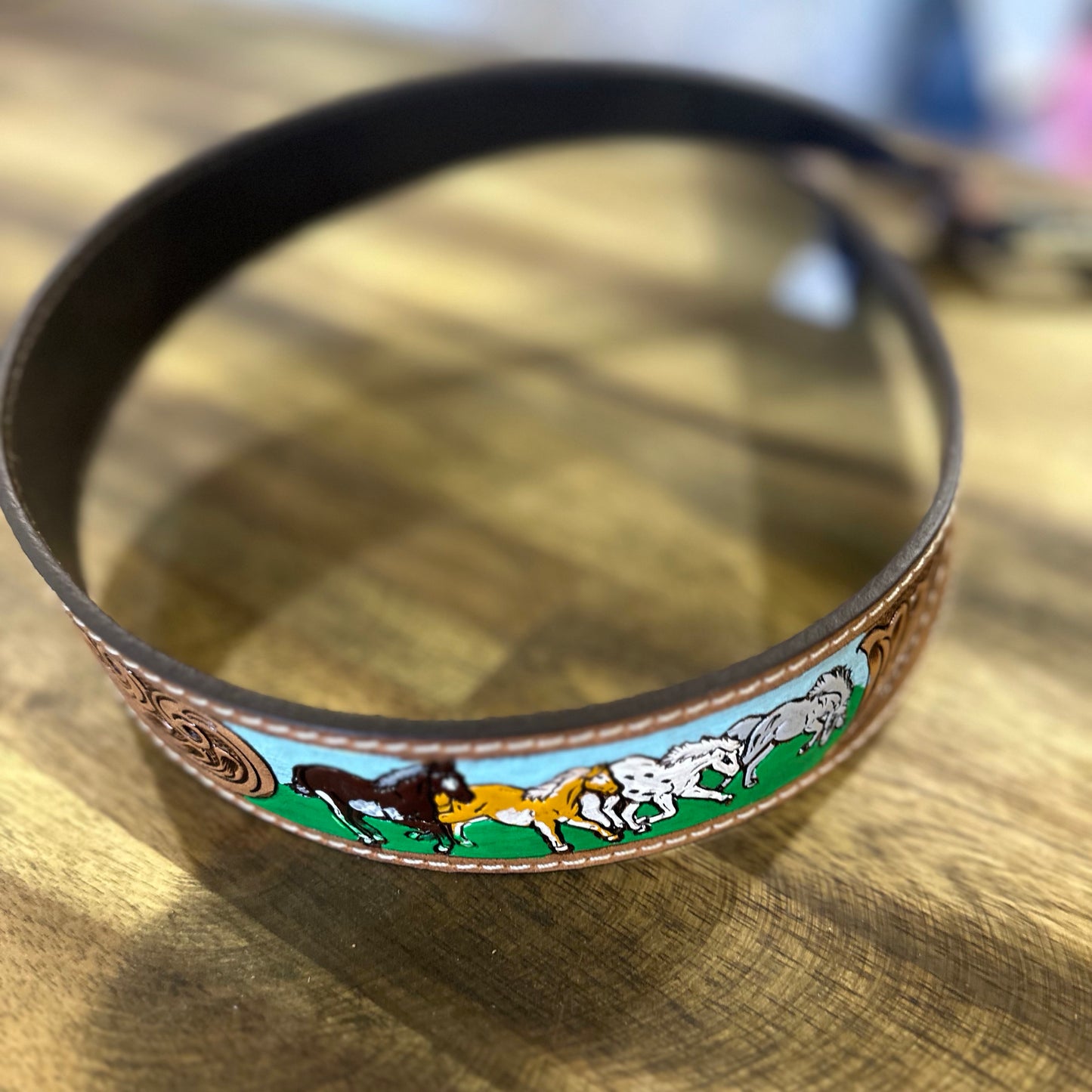 Horses Tooled Belt with Removable Buckle