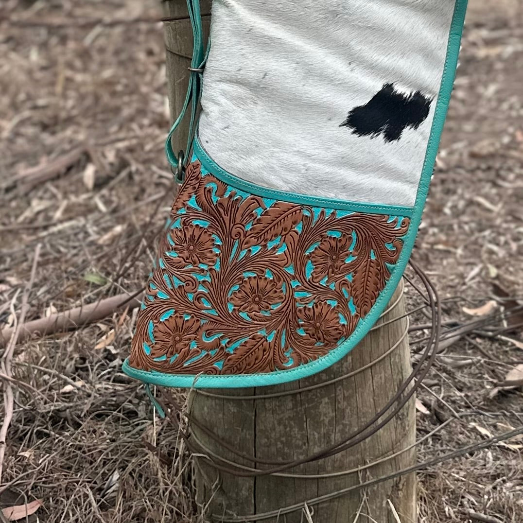 Cowhide Rifle Bag with Turquoise Tooled Leather