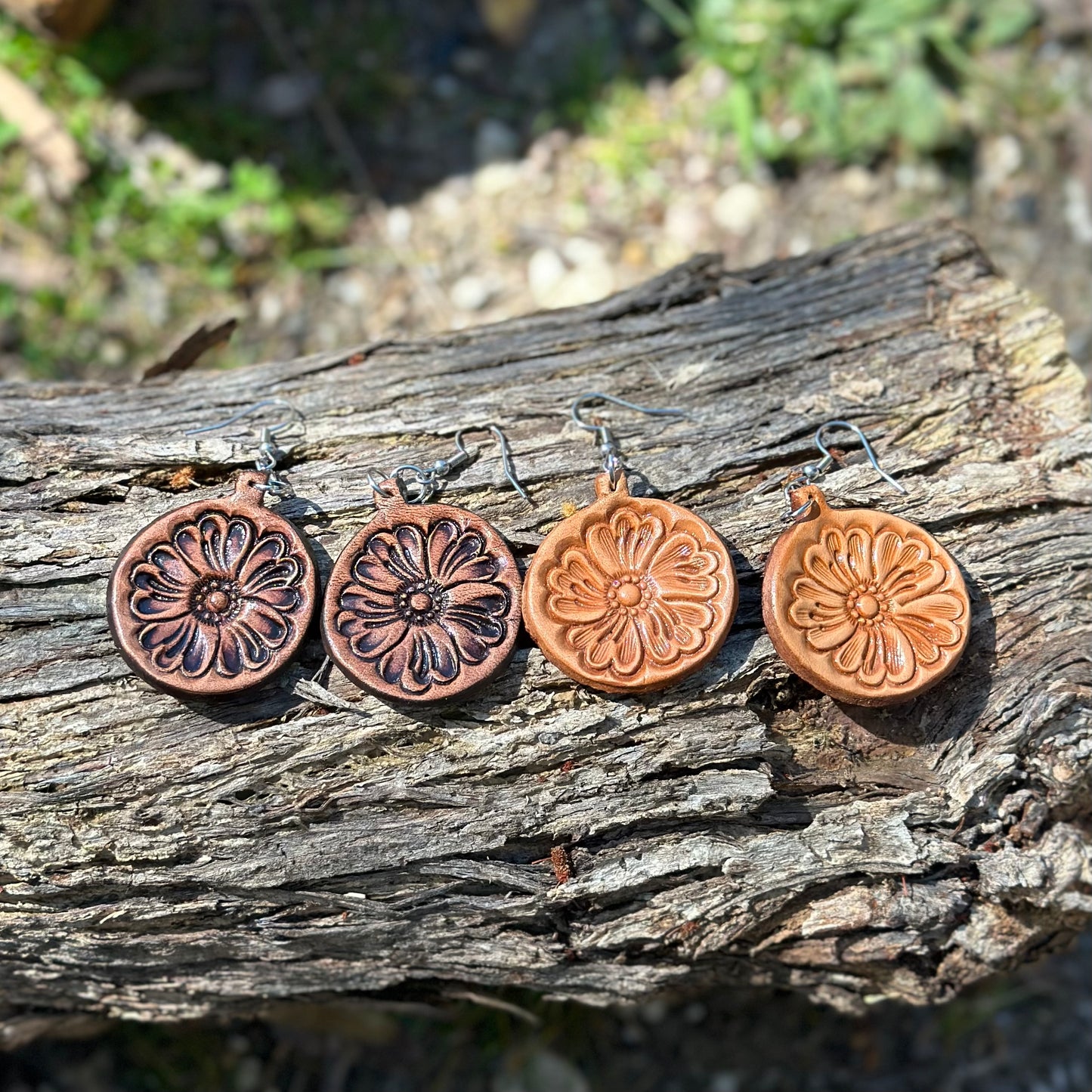 Tooled Leather Round Drop Earings
