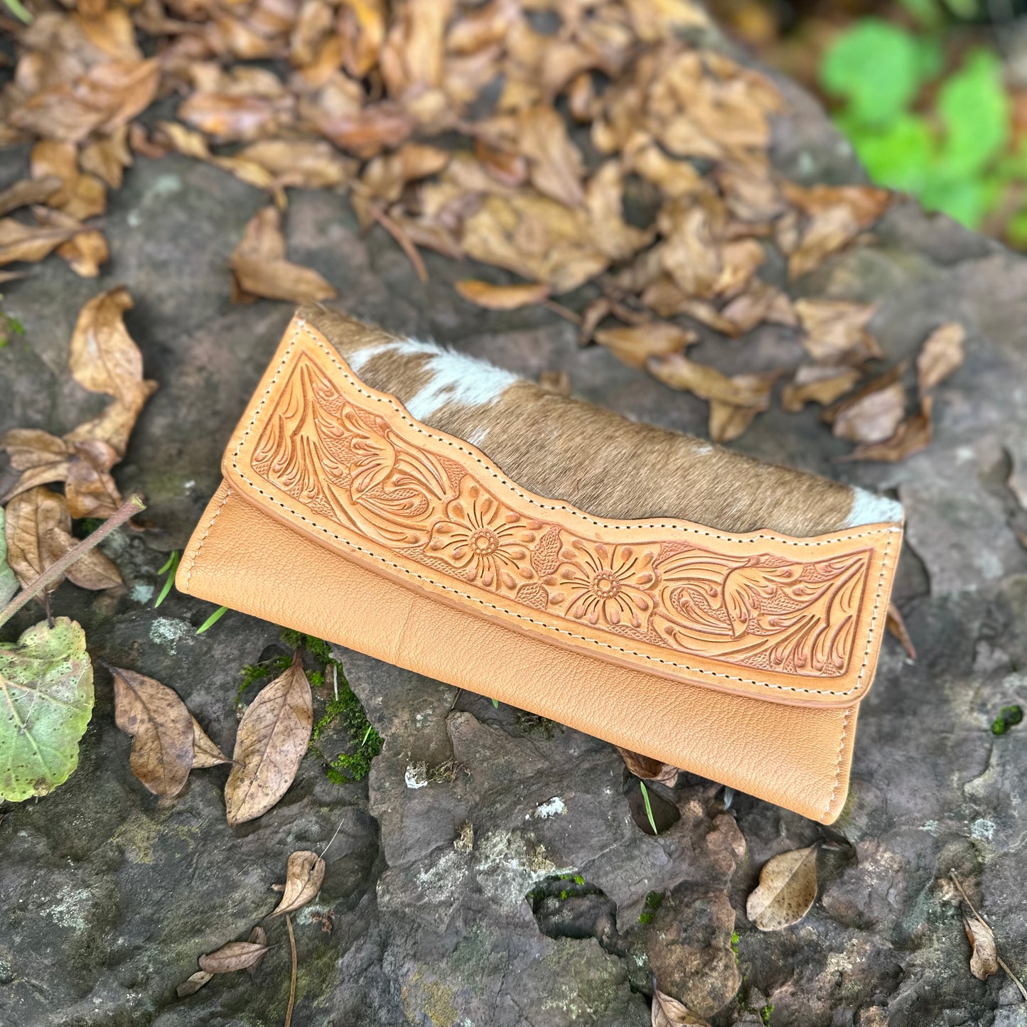 Cowhide Flap Wallet with Hand Tooled Leather