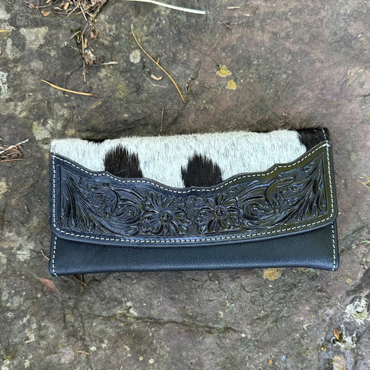 Cowhide Flap Wallet with Hand Tooled Leather
