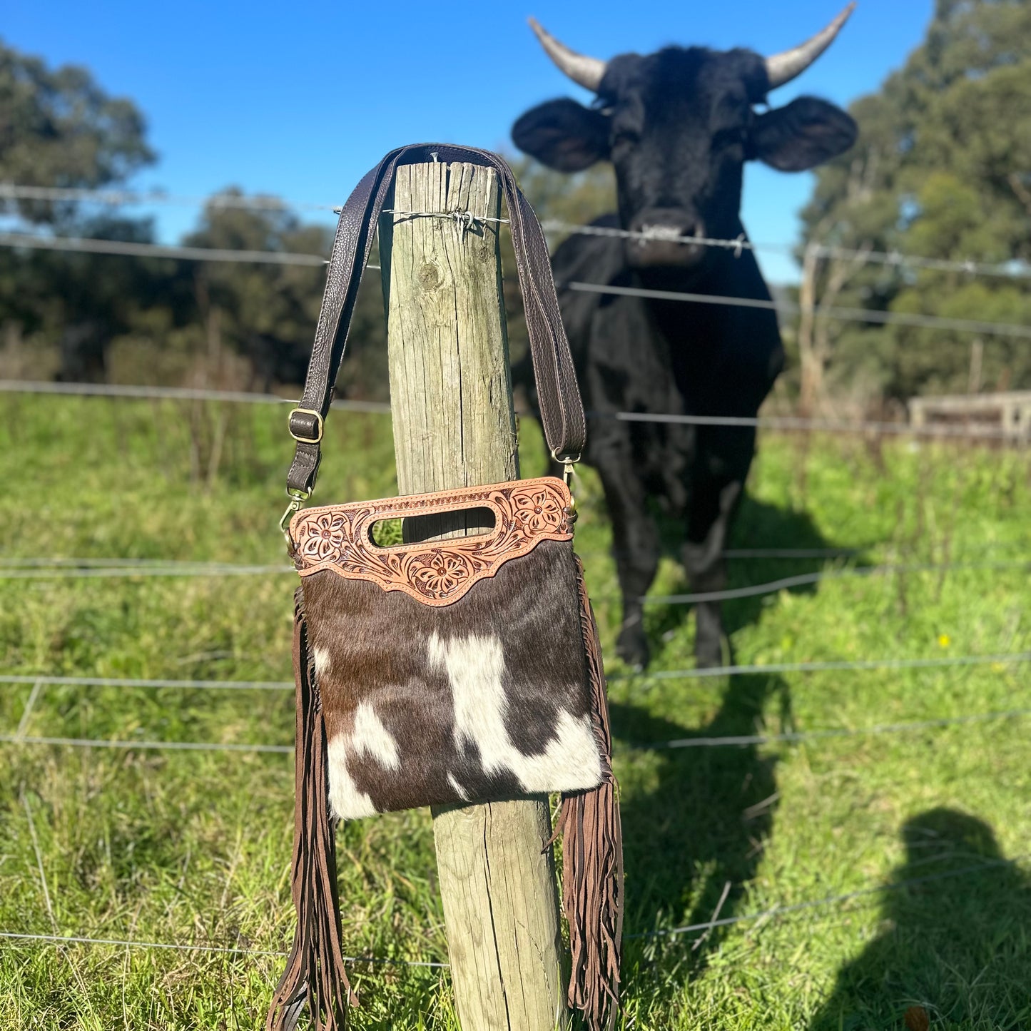 Tahlia - Tooled Leather & Cowhide Sling Bag with Fringe