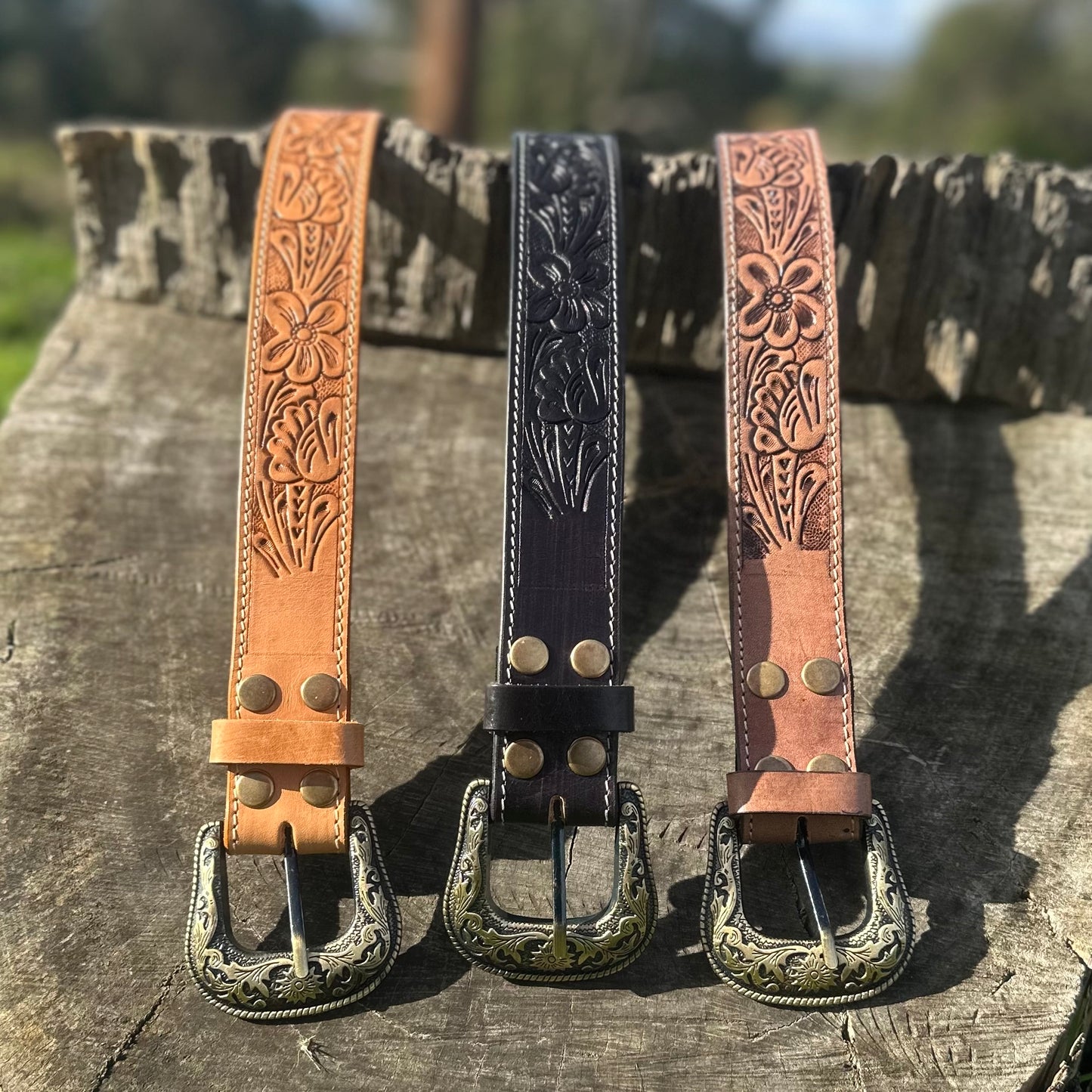 Tooled Leather Belt with Removable Buckle