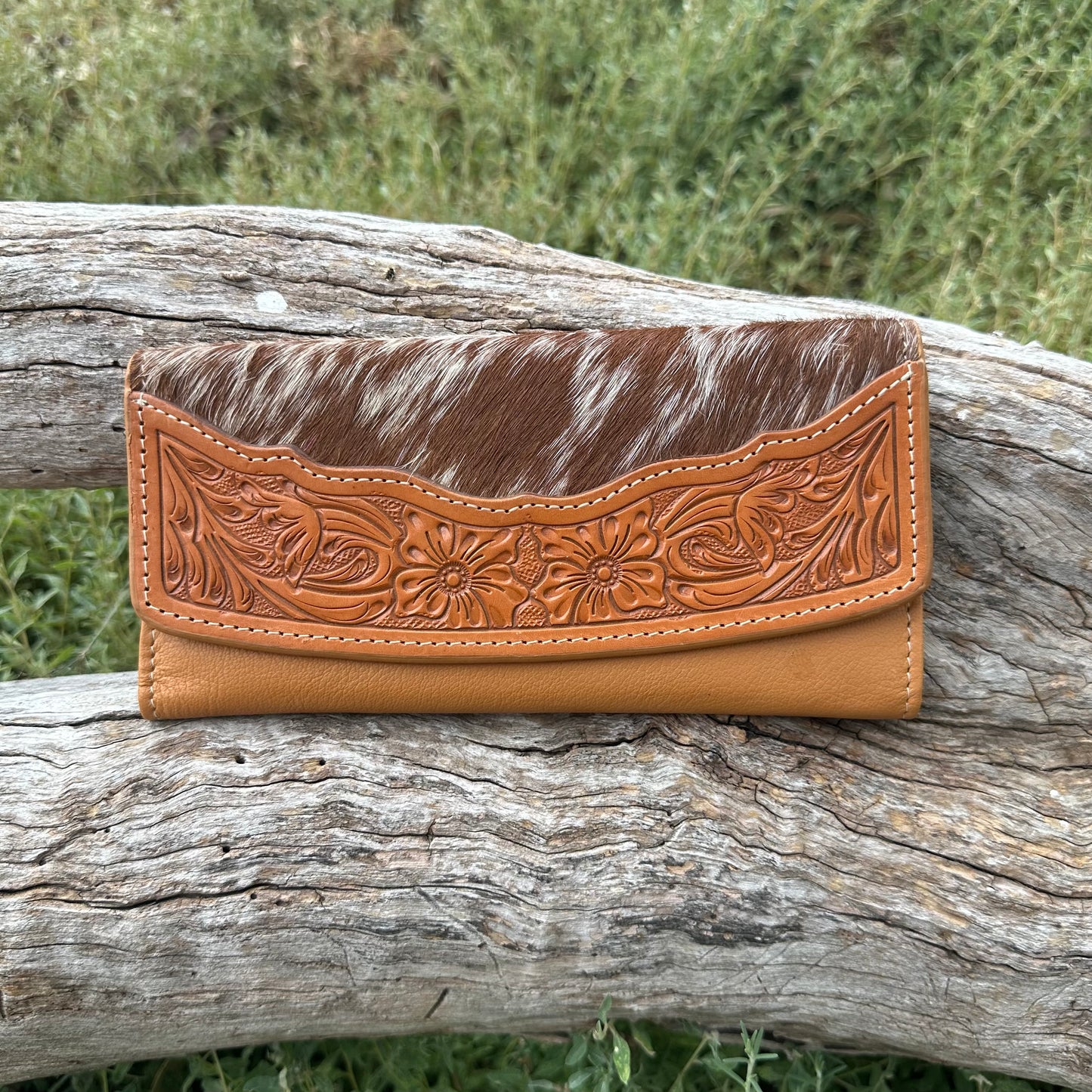 Cowhide Flap Wallet with Hand Tooled Leather