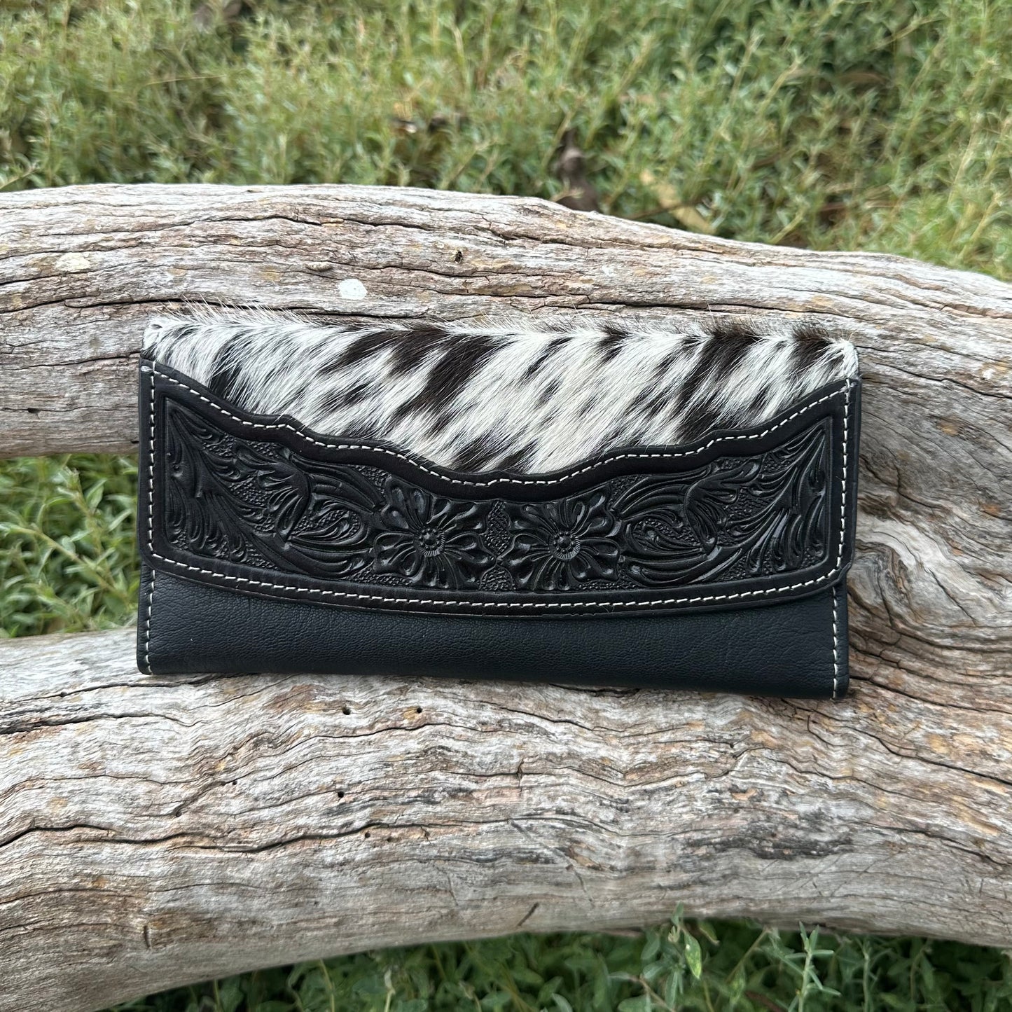Cowhide Flap Wallet with Hand Tooled Leather