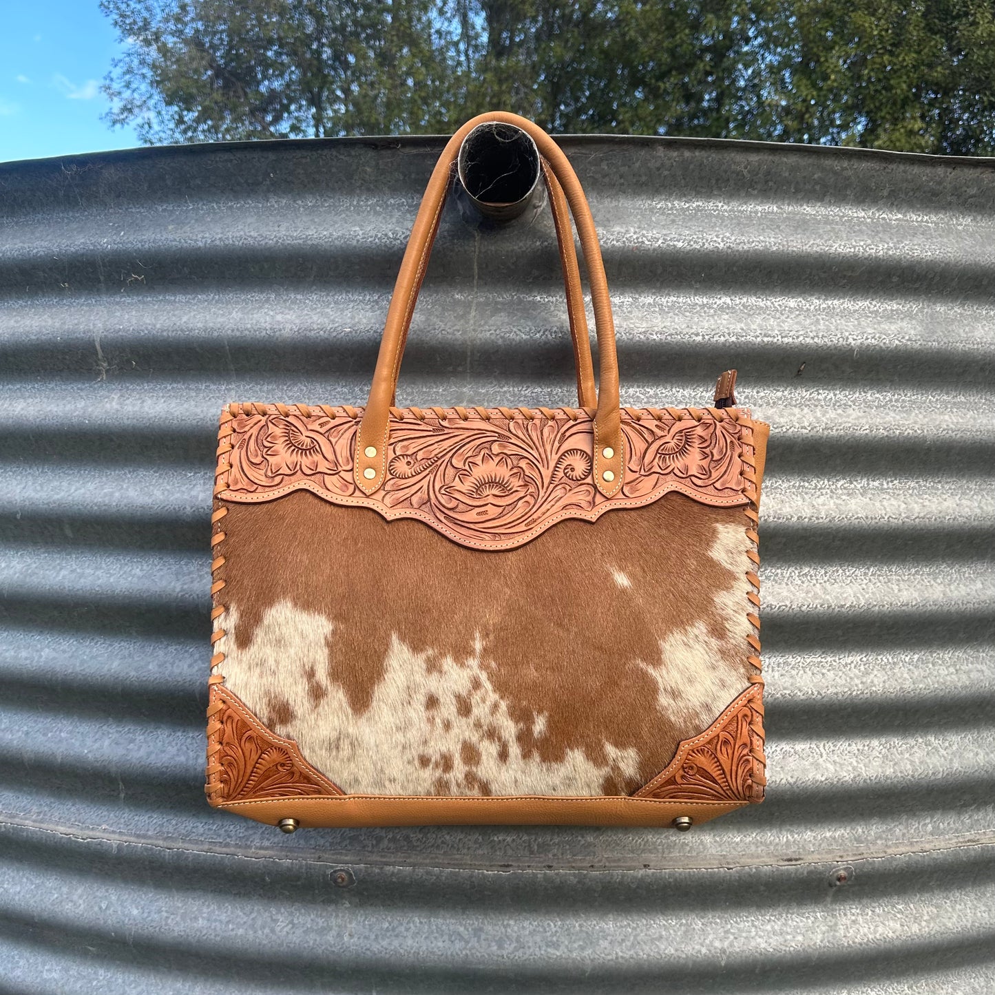 Tooled Leather & Cowhide Tote Bag