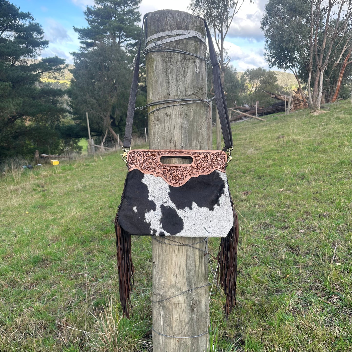 Alana - Large Tooled Leather & Cowhide Bag with Fringe
