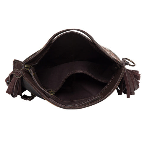 Tahlia - Tooled Leather & Cowhide Sling Bag with Fringe