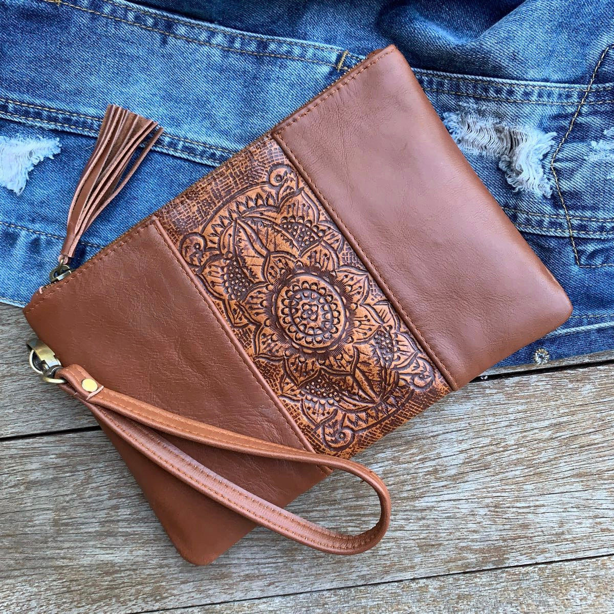 Boho Sunflower Tassel Clutch