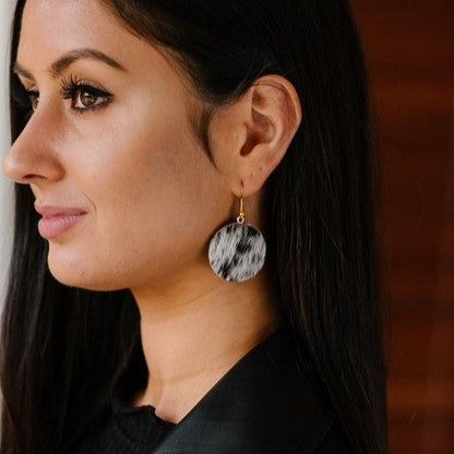 Round Drop Cowhide Earrings - Black & White