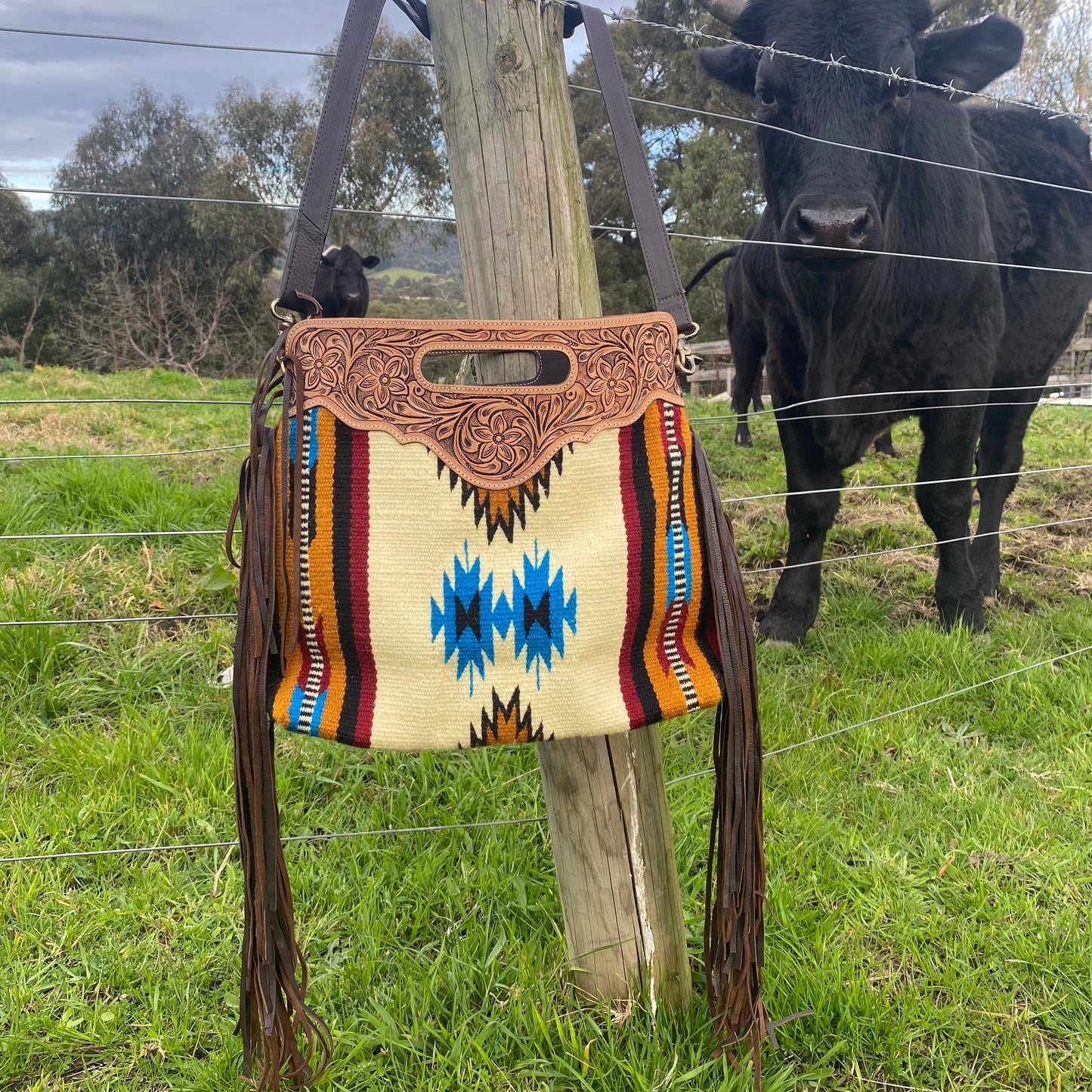 Large Tooled Saddle Blanket Bag with Fringe