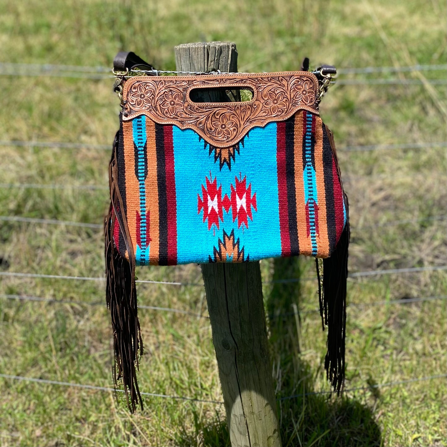 Large Tooled Saddle Blanket Bag with Fringe