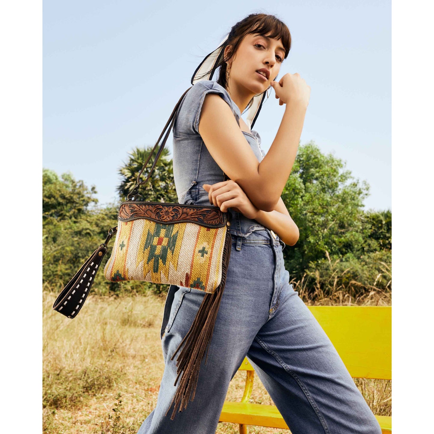 Yellow Hand Tooled Clutch Bag