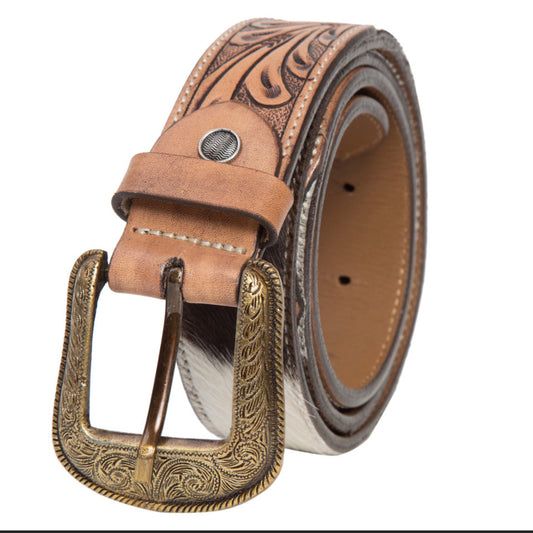 Tooled Belt – Brown and White Cowhide Belt with Tooling Details
