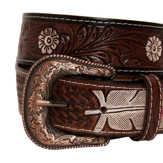 Pink Feather Hand Tooled Belt