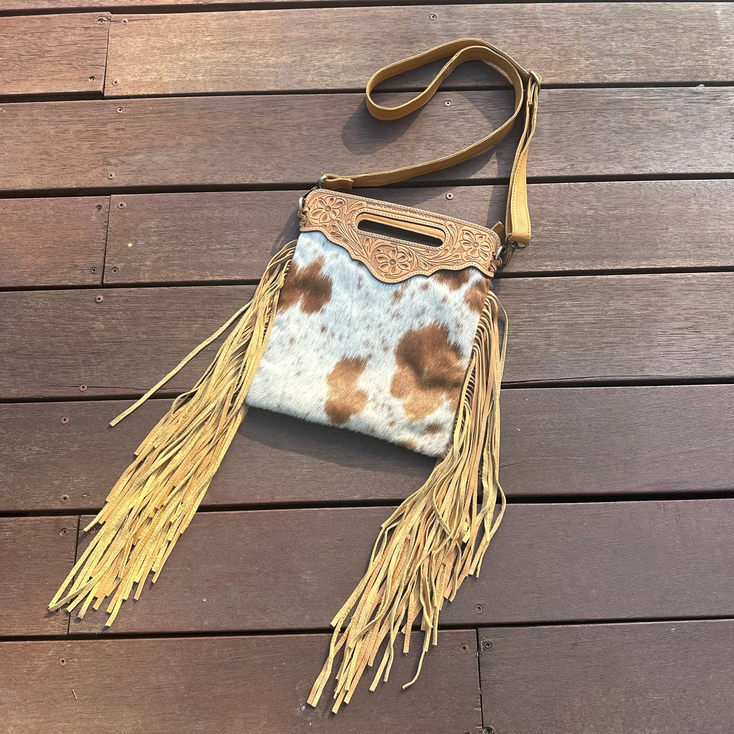 Tahlia - Tooled Leather & Cowhide Sling Bag with Fringe