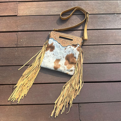 Tahlia - Tooled Leather & Cowhide Sling Bag with Fringe