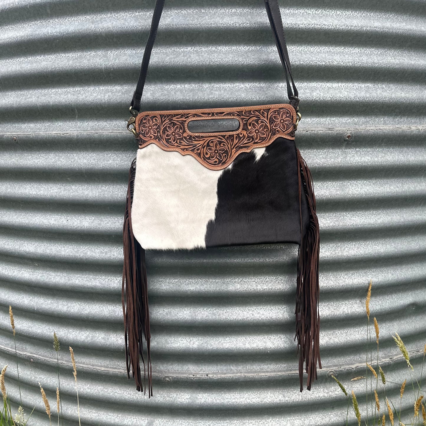 Alana - Large Tooled Leather & Cowhide Bag with Fringe
