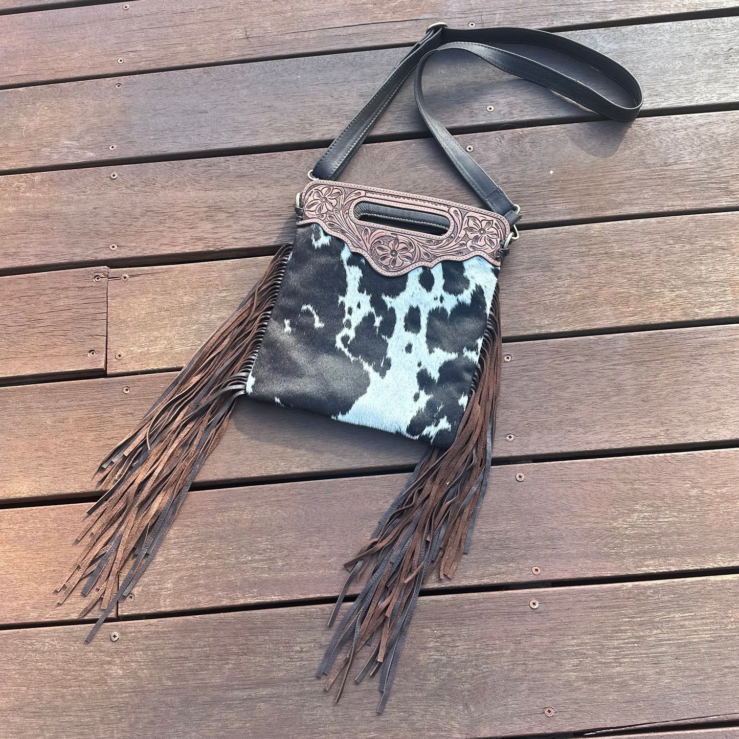 Tahlia - Tooled Leather & Cowhide Sling Bag with Fringe