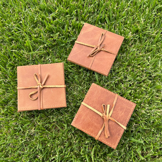 Tan Leather Coaster Set