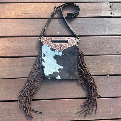 Tahlia - Tooled Leather & Cowhide Sling Bag with Fringe