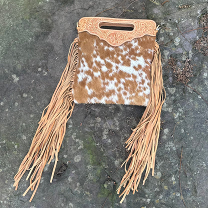 Tahlia - Tooled Leather & Cowhide Sling Bag with Fringe