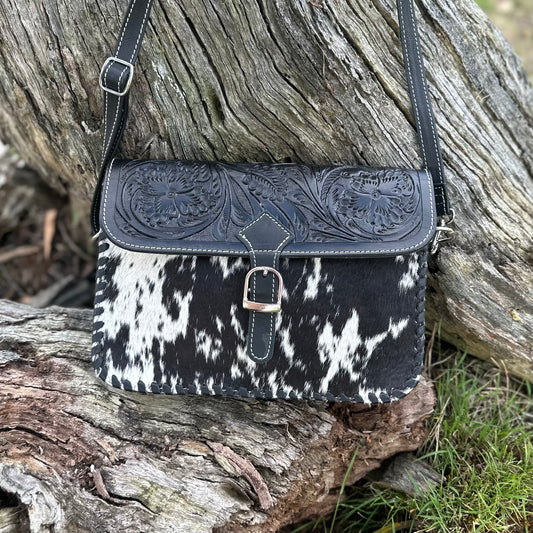 Linda - Tooled Leather & Hide Buckle Bag