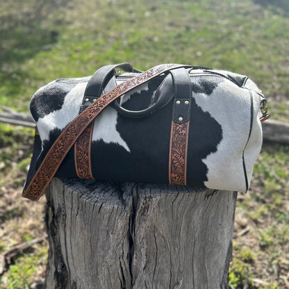 Tooled Leather & Cowhide Travel Bag