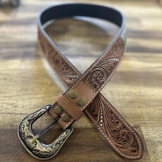 Horses Tooled Belt with Removable Buckle