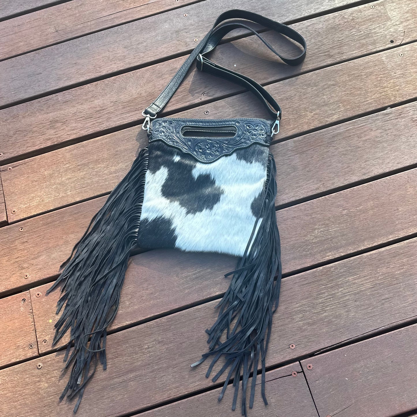 Tahlia - Tooled Leather & Cowhide Sling Bag with Fringe