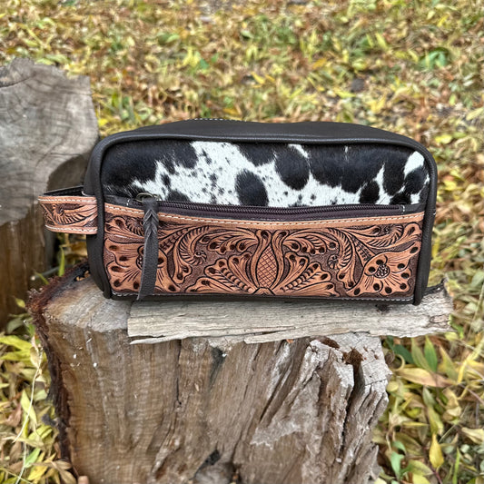 Cowhide Toiletries Bag with Tooled Leather Details