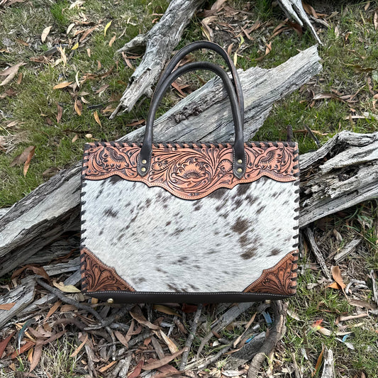 Tooled Leather & Cowhide Tote Bag