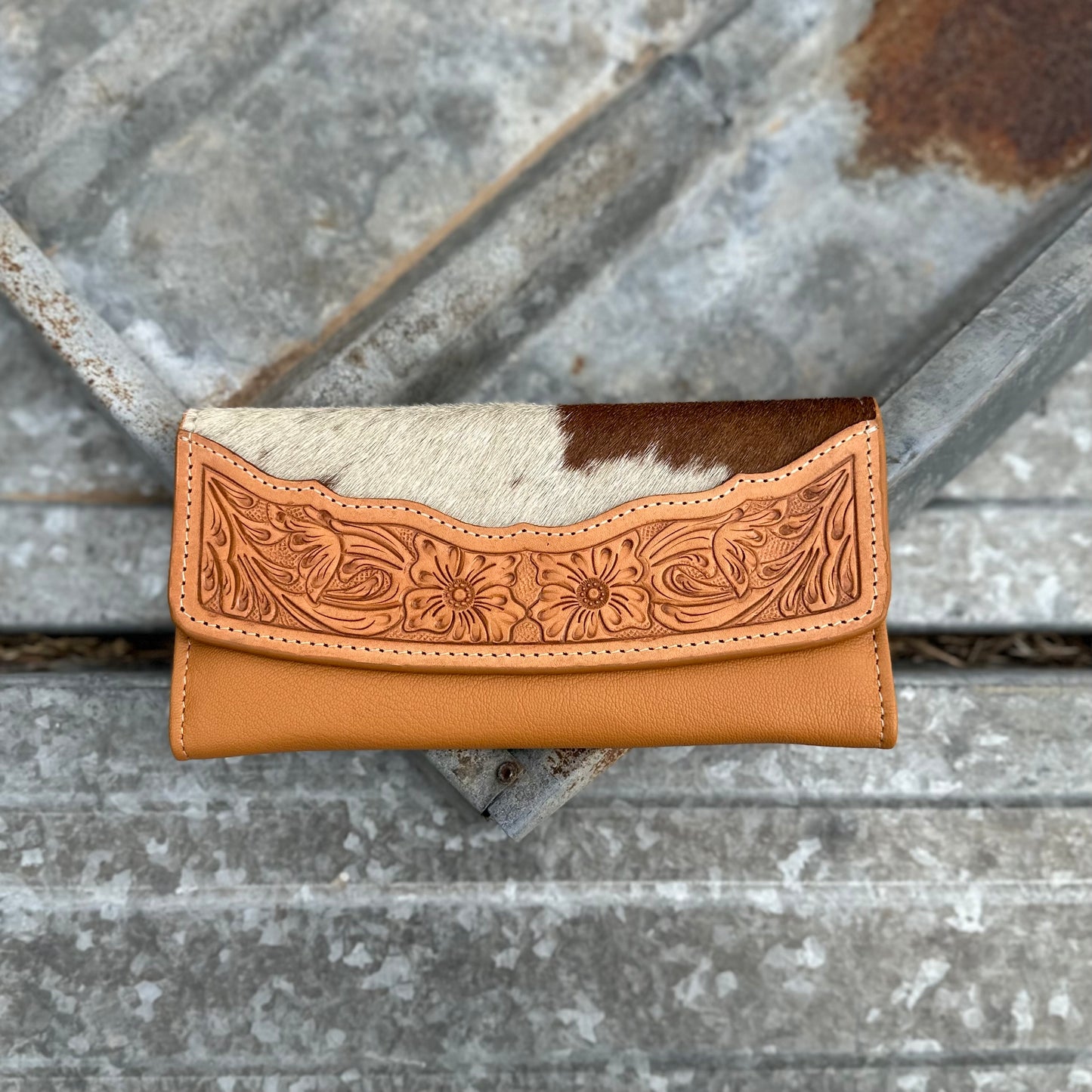 Cowhide Flap Wallet with Hand Tooled Leather