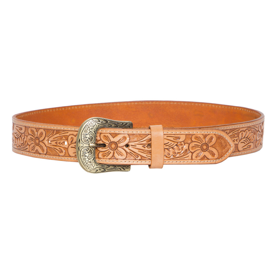 Tooled Leather Belt with Removable Buckle