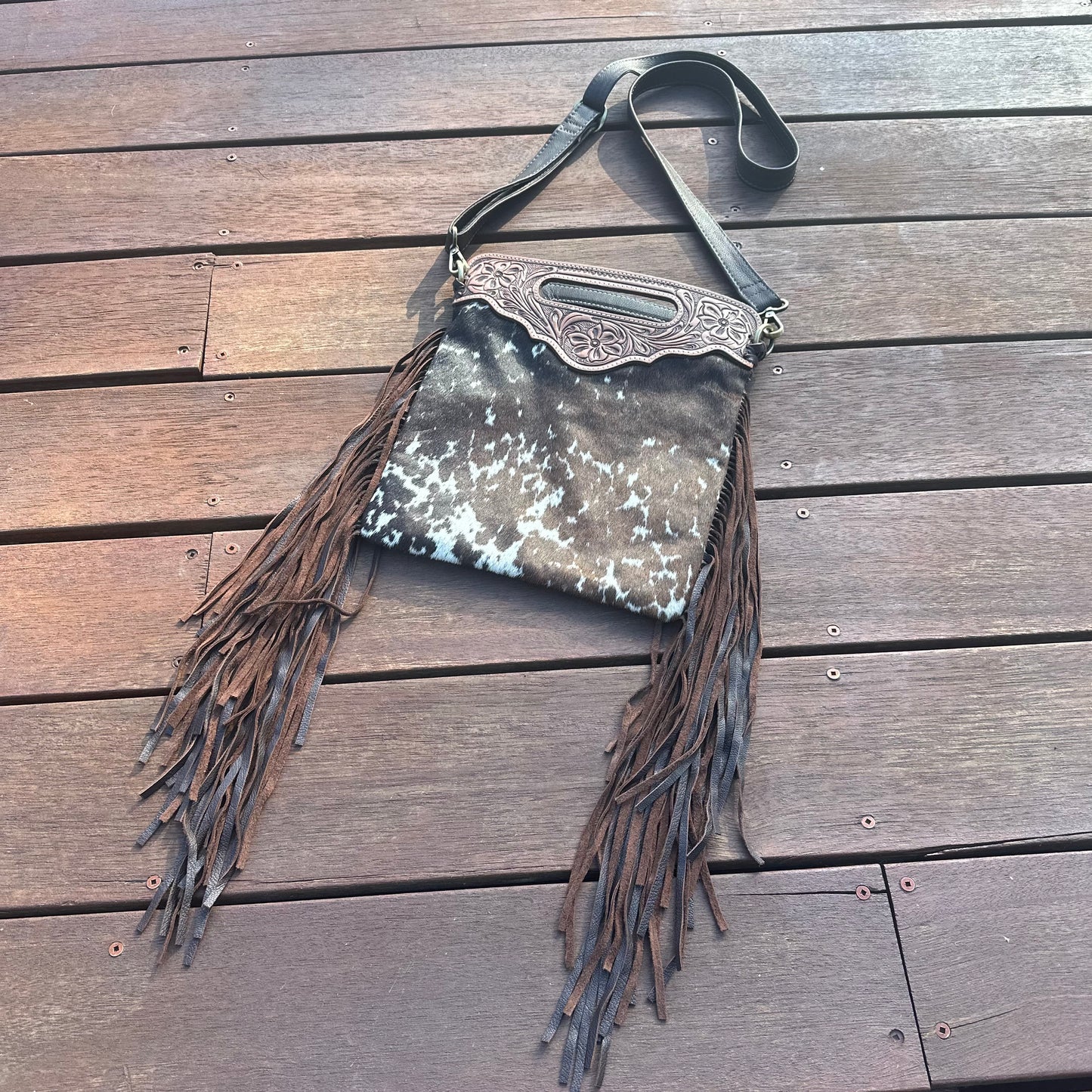 Tahlia - Tooled Leather & Cowhide Sling Bag with Fringe