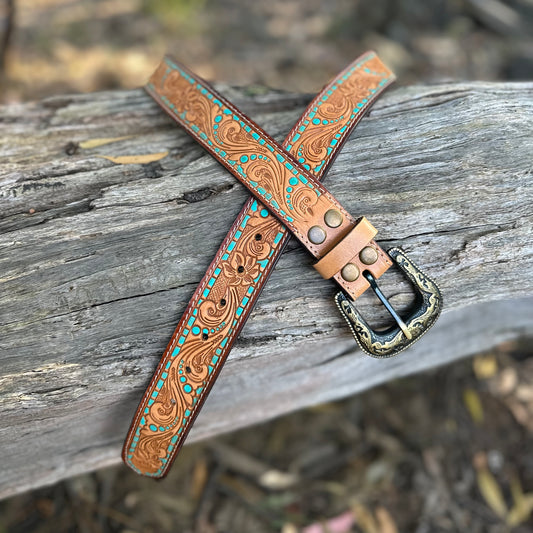 Turquoise Tooled Belt with Removable Buckle