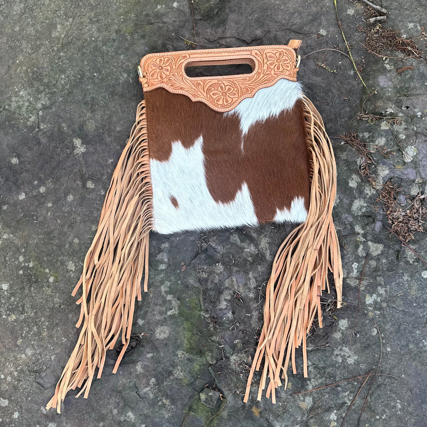 Tahlia - Tooled Leather & Cowhide Sling Bag with Fringe