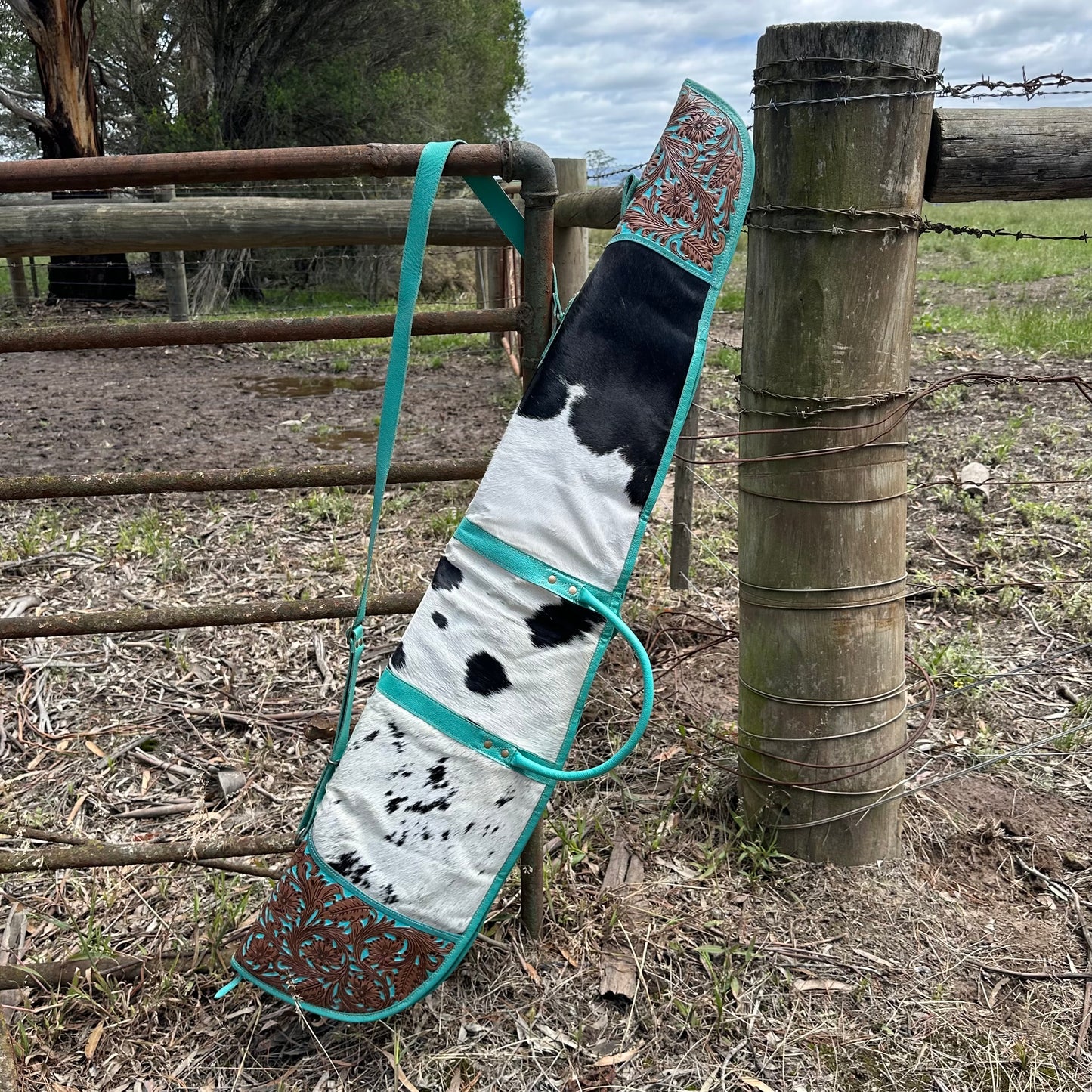 Cowhide Rifle Bag with Turquoise Tooled Leather