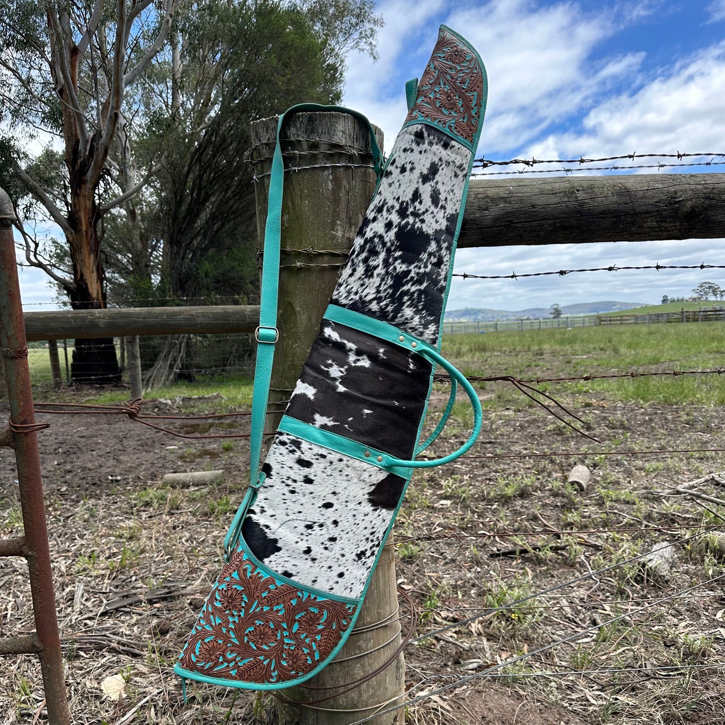 Cowhide Rifle Bag with Turquoise Tooled Leather