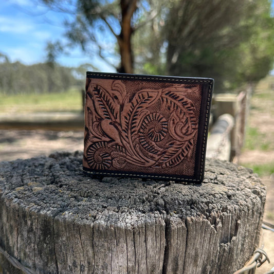 Mens Tooled Leather Wallet Woven Back
